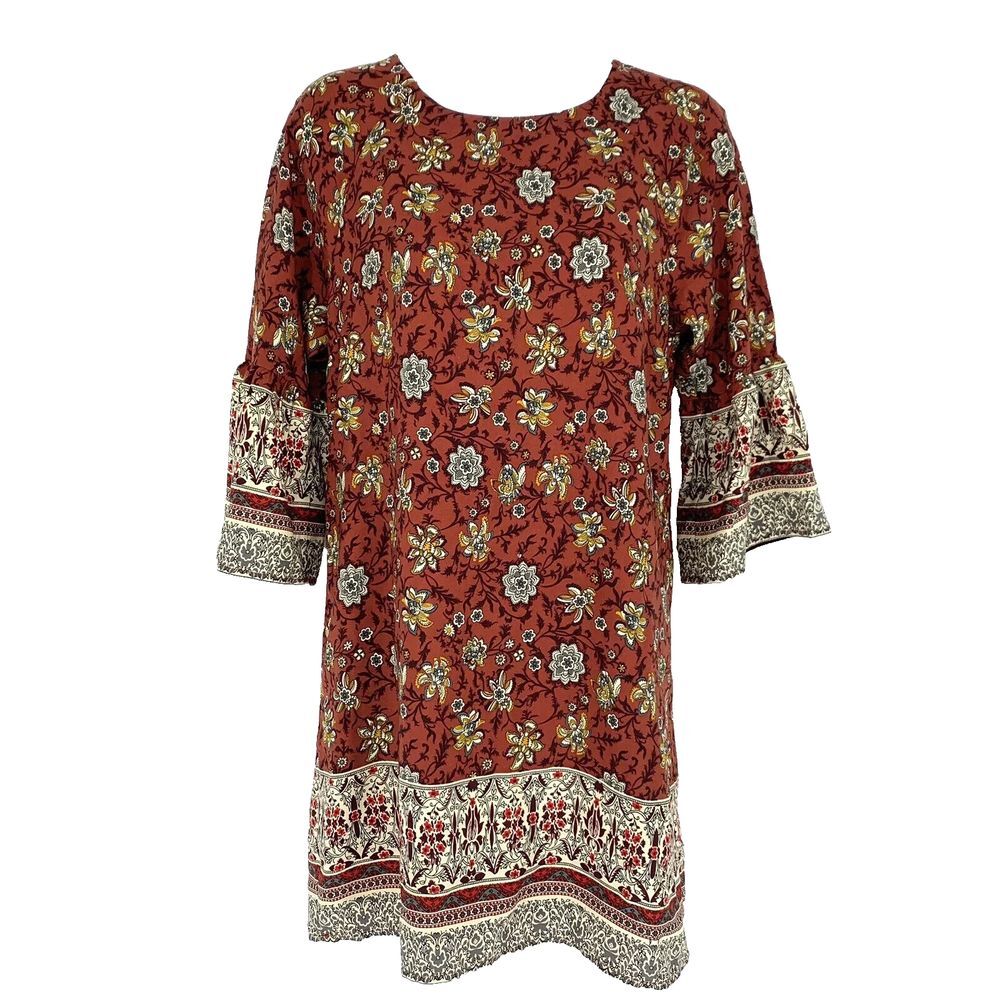 FOREVER 21‎ 3/4 Bell Sleeve Shift Dress Size S Floral Burnt Orange Bohemian